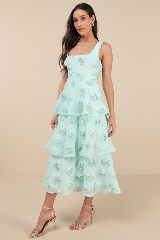 Lulus Exceptional Entrance Mint Sleeveless Tiered Rosette Midi Dress In Blue