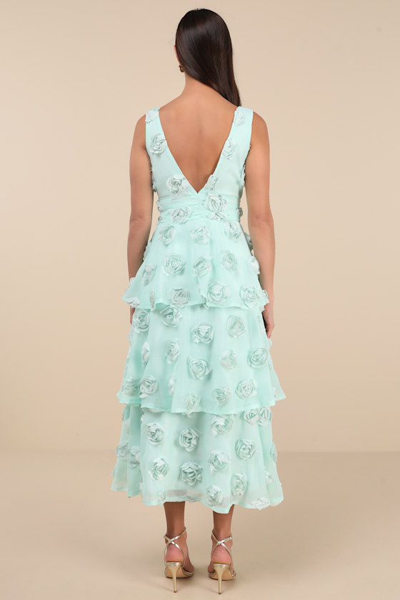 Lulus Exceptional Entrance Mint Sleeveless Tiered Rosette Midi Dress In Blue