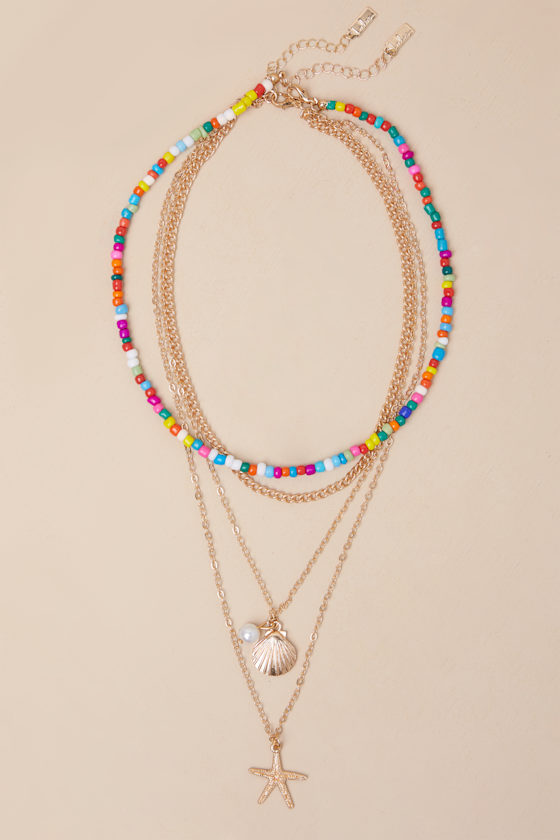 Lulus Kova Gold Rainbow Layered Beaded Charm Necklace In Gold