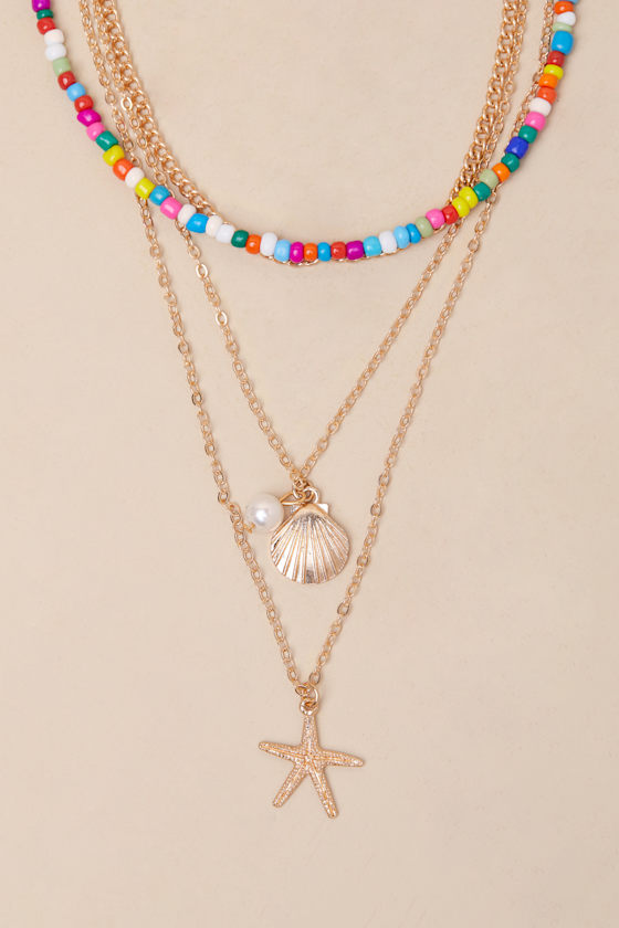 Lulus Kova Gold Rainbow Layered Beaded Charm Necklace In Gold