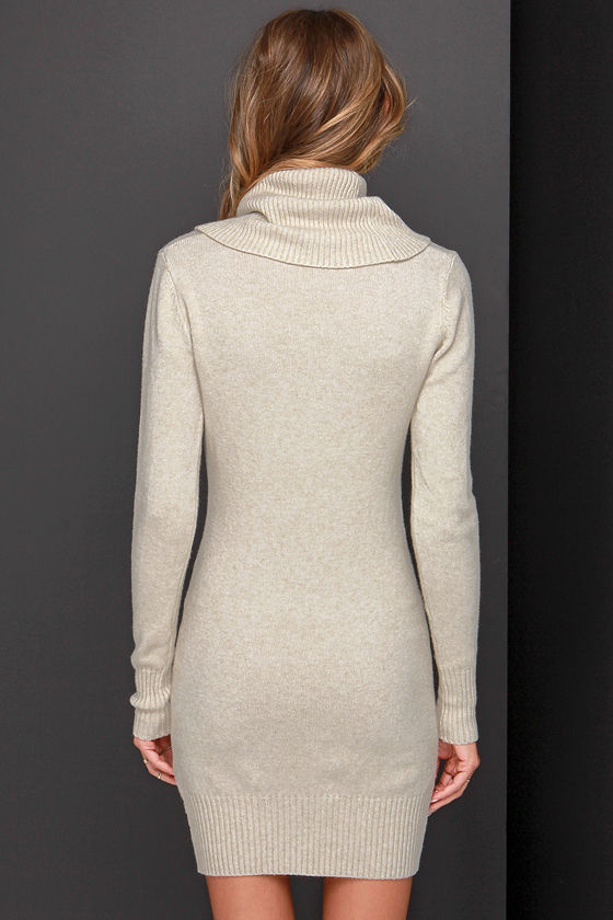 Cute Beige Dress Sweater Dress Cowl Neck Dress 70.00