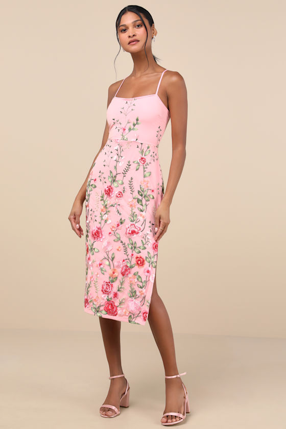 Lulus Blooming For Love Pink Floral Embroidered Midi Dress In Pink