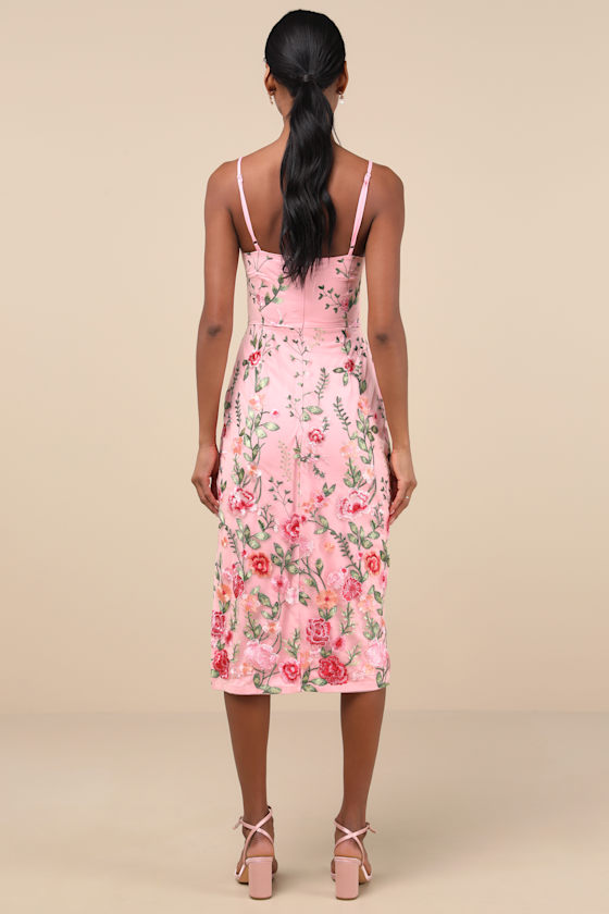 Lulus Blooming For Love Pink Floral Embroidered Midi Dress In Pink