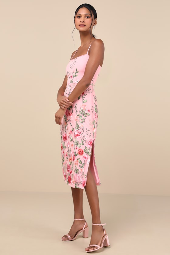 Lulus Blooming For Love Pink Floral Embroidered Midi Dress In Pink