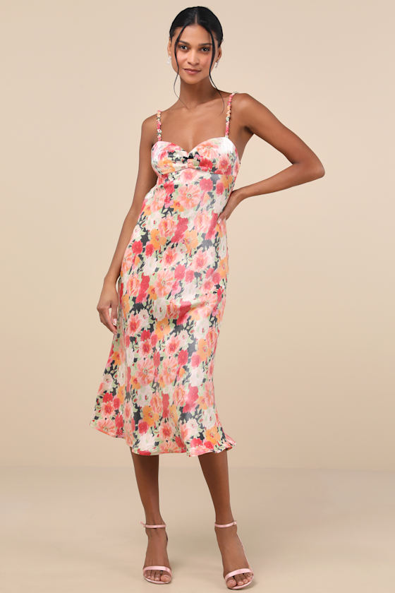 Lulus Sensational Spirit Black Multi Floral Satin Tie-back Midi Dress In Black