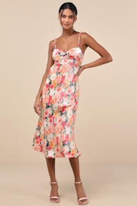 Sensational Spirit Black Multi Floral Satin Tie-Back Midi Dress 1