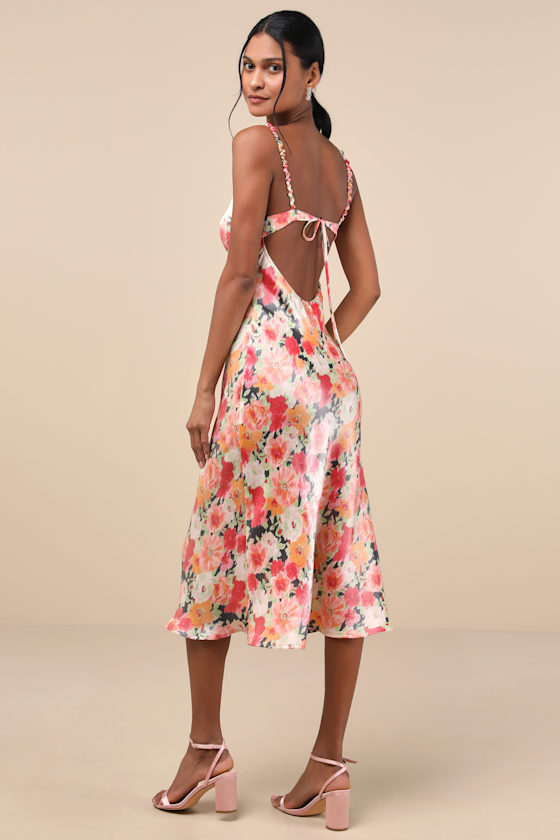 Lulus Sensational Spirit Black Multi Floral Satin Tie-back Midi Dress In Black