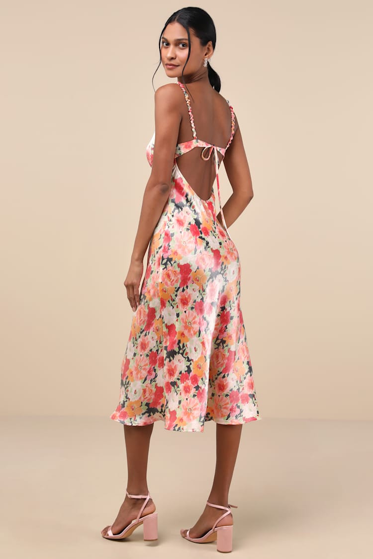 Sensational Spirit Black Multi Floral Satin Tie-Back Midi Dress