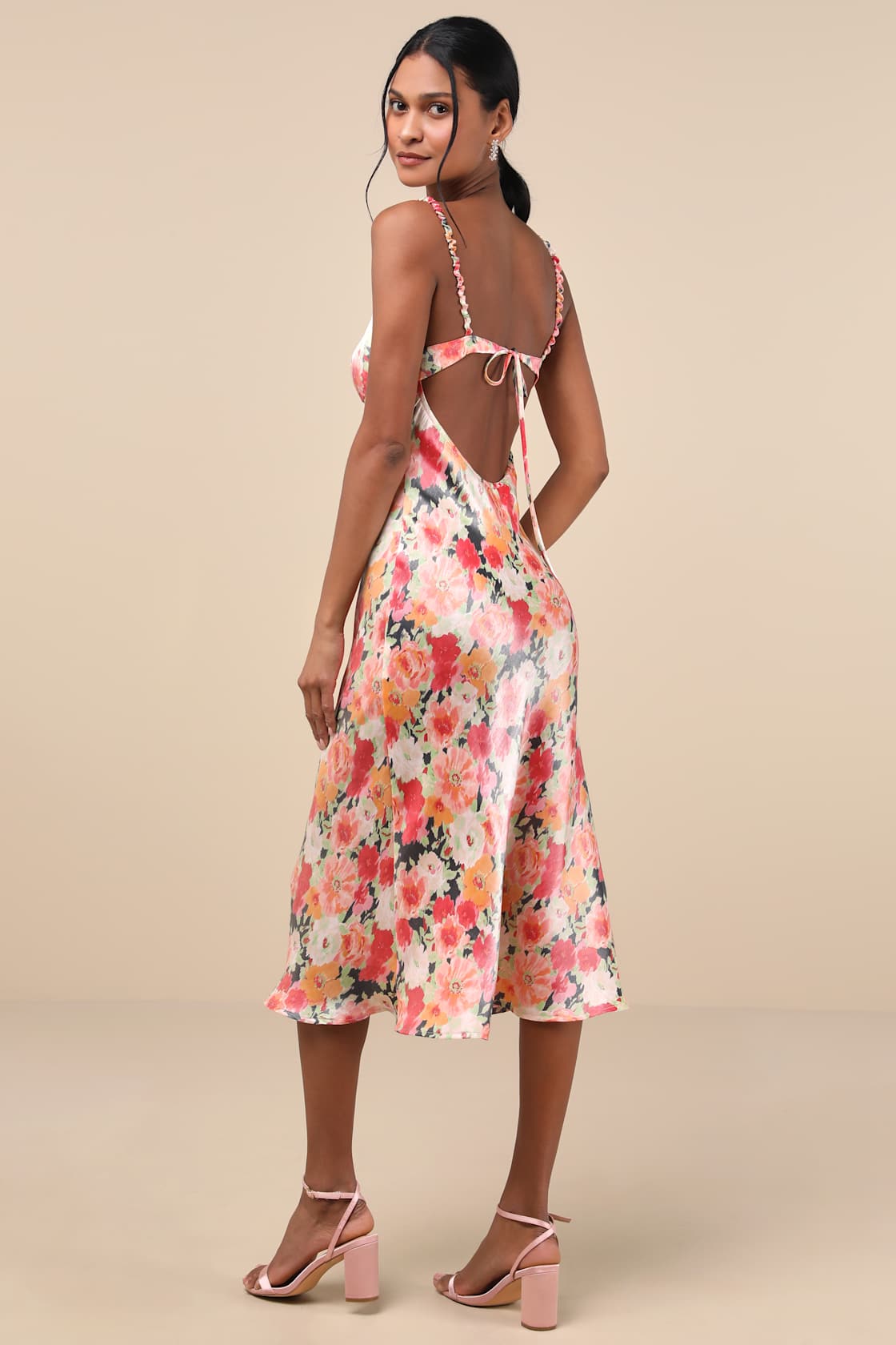 Sensational Spirit Black Multi Floral Satin Tie-Back Midi Dress