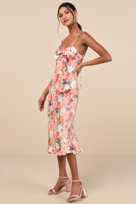 Lulus Sensational Spirit Black Multi Floral Satin Tie-back Midi Dress In Black