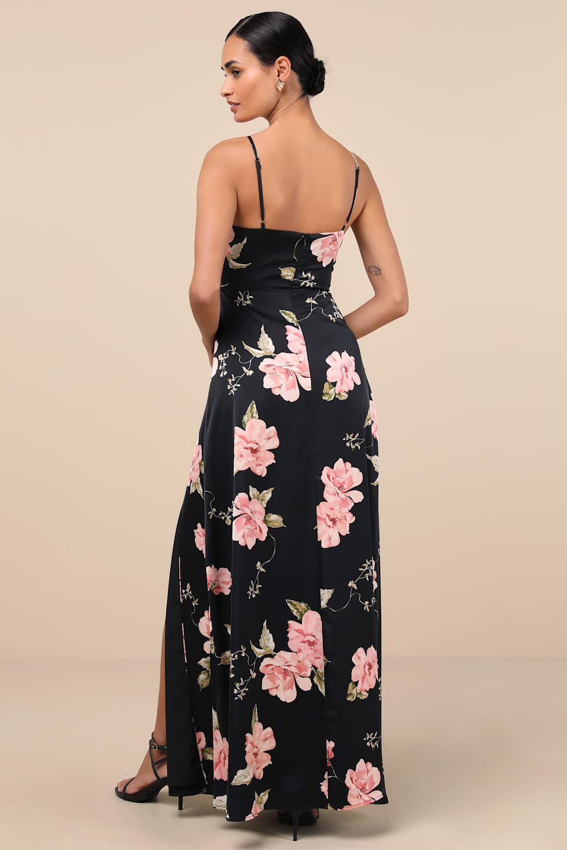 Radiant Occasion Black Floral Satin A-Line Maxi Dress