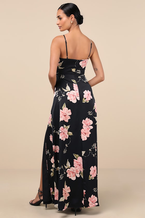 Radiant Occasion Black Floral Satin A-Line Maxi Dress