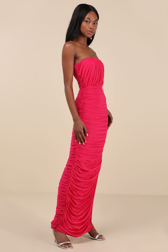 Lulus Illy Hot Pink Mesh Strapless Maxi Dress In Hot Pink