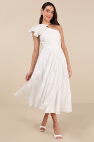 Sweet Definition White Burnout Ruffled One-Shoulder Midi Dress