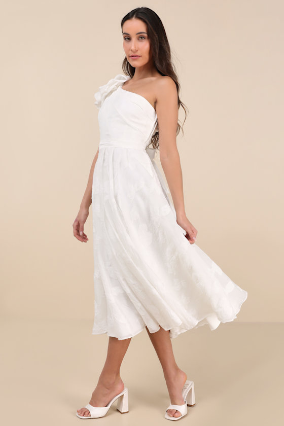 Lulus Sweet Definition White Burnout Ruffled One-shoulder Midi Dress In White