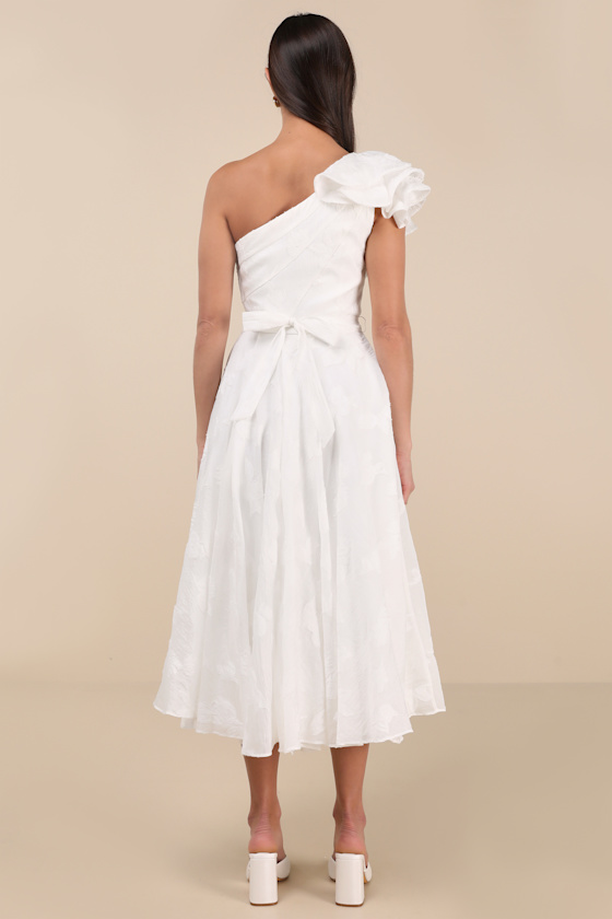 Lulus Sweet Definition White Burnout Ruffled One-shoulder Midi Dress In White
