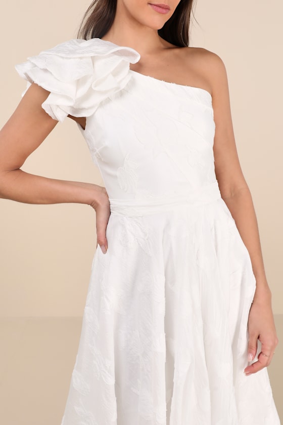 Lulus Sweet Definition White Burnout Ruffled One-shoulder Midi Dress In White