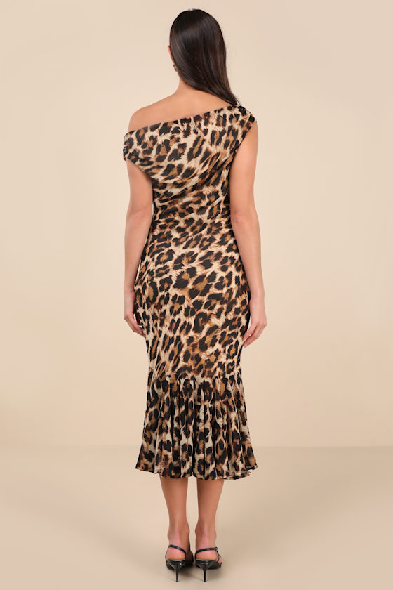 LULUS CARDEN BEIGE LEOPARD PRINT ASYMMETRICAL MIDI DRESS 