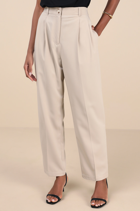 Lulus Sophisticated Company Light Beige Straight Leg Trouser Pants In Beige