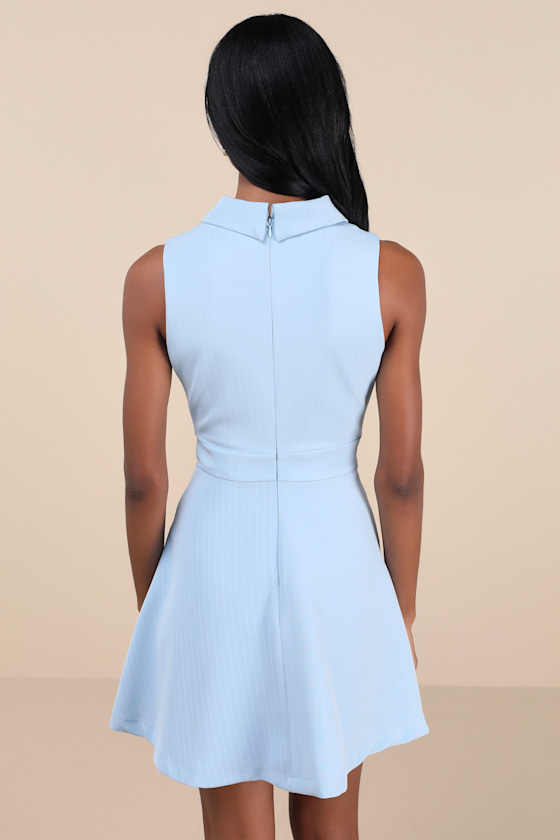 Lulus Totally Poised Blue Pinstriped Collared Mini Dress With Pockets In Blue