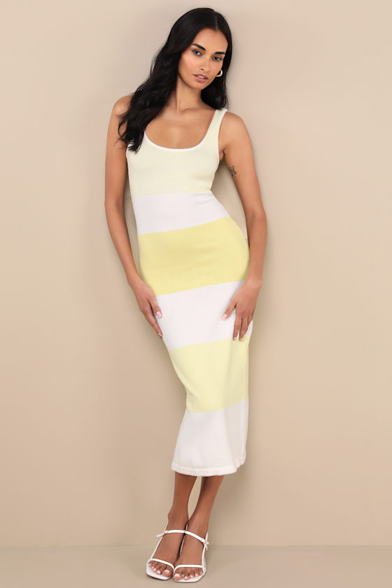 Easily Gorgeous Ivory and Yellow Striped Midi Sweater Dress