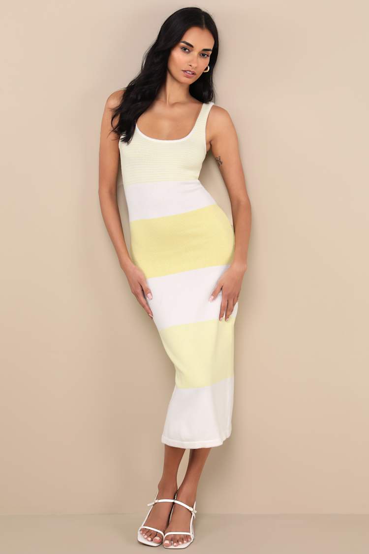 Easily Gorgeous Ivory and Yellow Striped Midi Sweater Dress