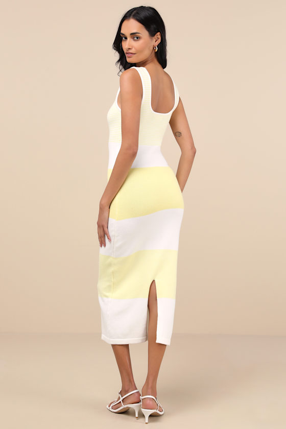 Shop Lulus Easily Gorgeous Ivory And Yellow Striped Midi Sweater Dress