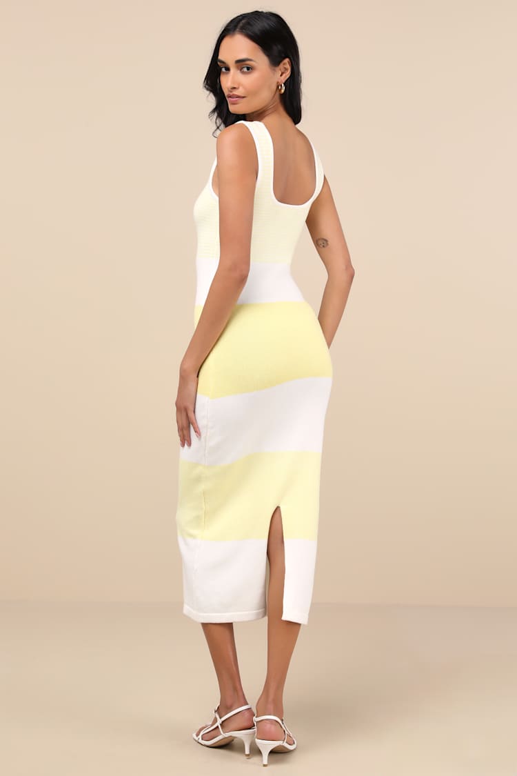 Easily Gorgeous Ivory and Yellow Striped Midi Sweater Dress