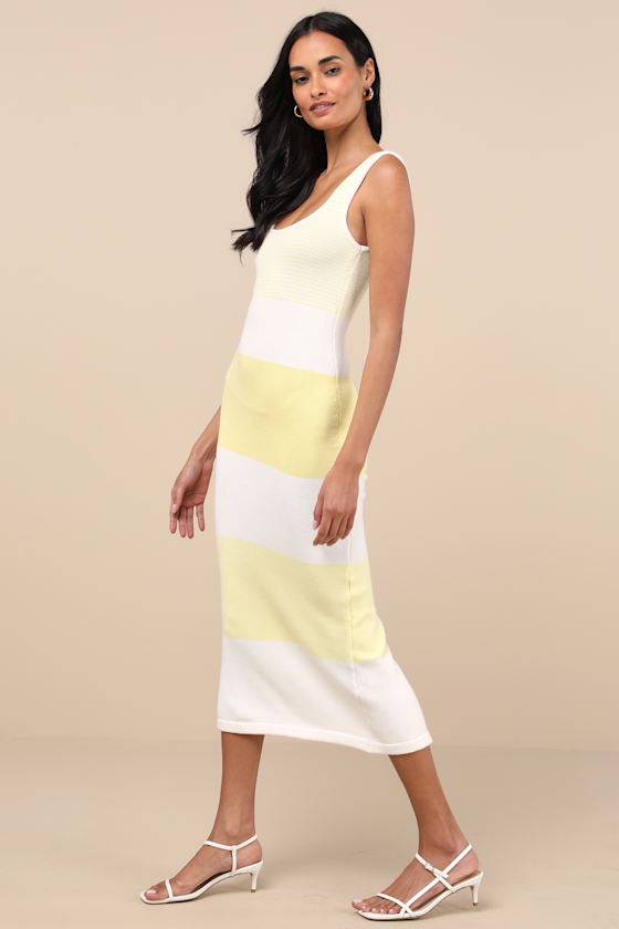 Shop Lulus Easily Gorgeous Ivory And Yellow Striped Midi Sweater Dress