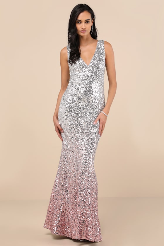 Lulus Cecina Silver Ombre Sequin Sleeveless Maxi Dress In Silver