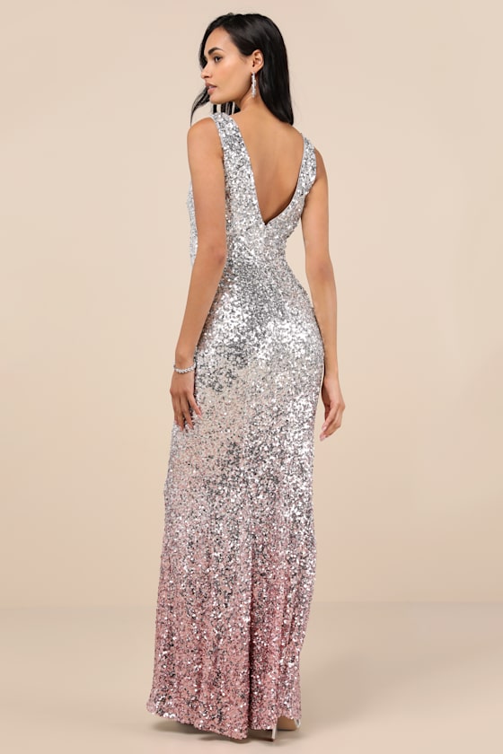 Lulus Cecina Silver Ombre Sequin Sleeveless Maxi Dress In Silver