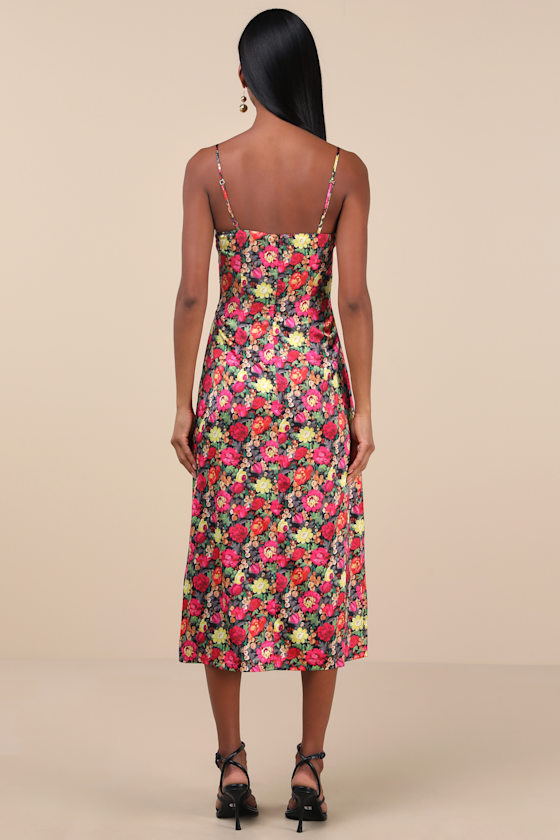 Lulus Favorite Icon Black Multi Floral Satin Cowl Neck Slip Midi Dress In Black