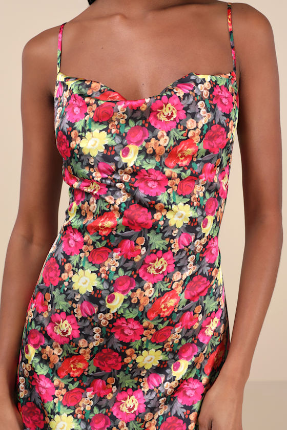 Lulus Favorite Icon Black Multi Floral Satin Cowl Neck Slip Midi Dress In Black