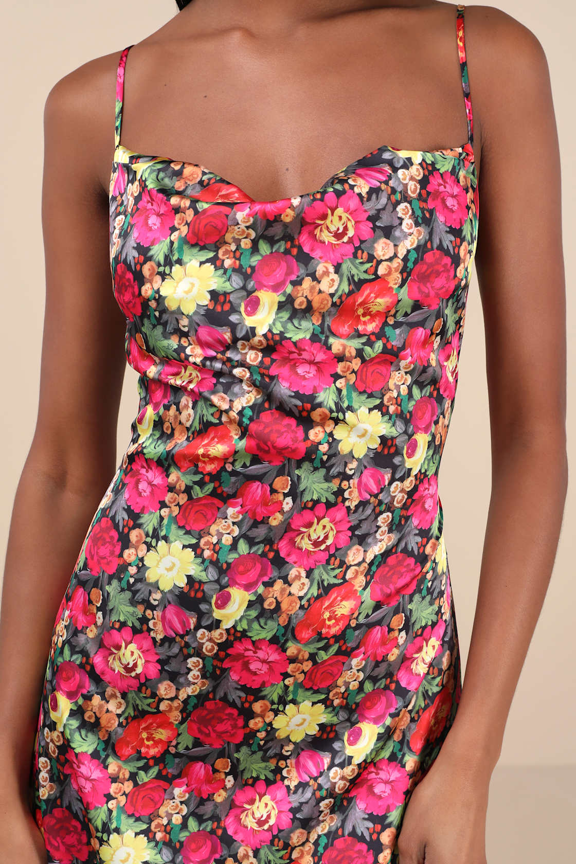 Favorite Icon Black Multi Floral Satin Cowl Neck Slip Midi Dress