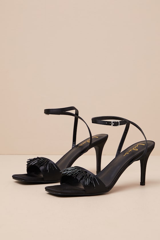 Lulus Addia Black Satin Beaded Fringe High Heel Sandals In Black