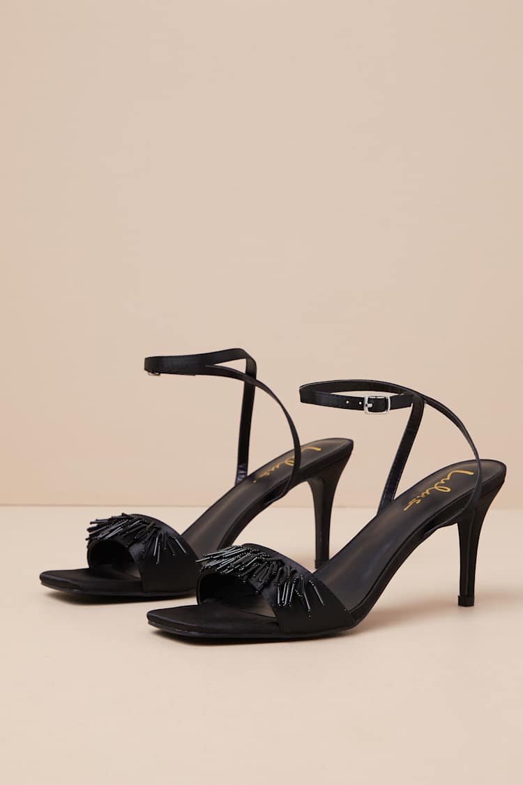Addia Black Satin Beaded Fringe High Heel Sandals