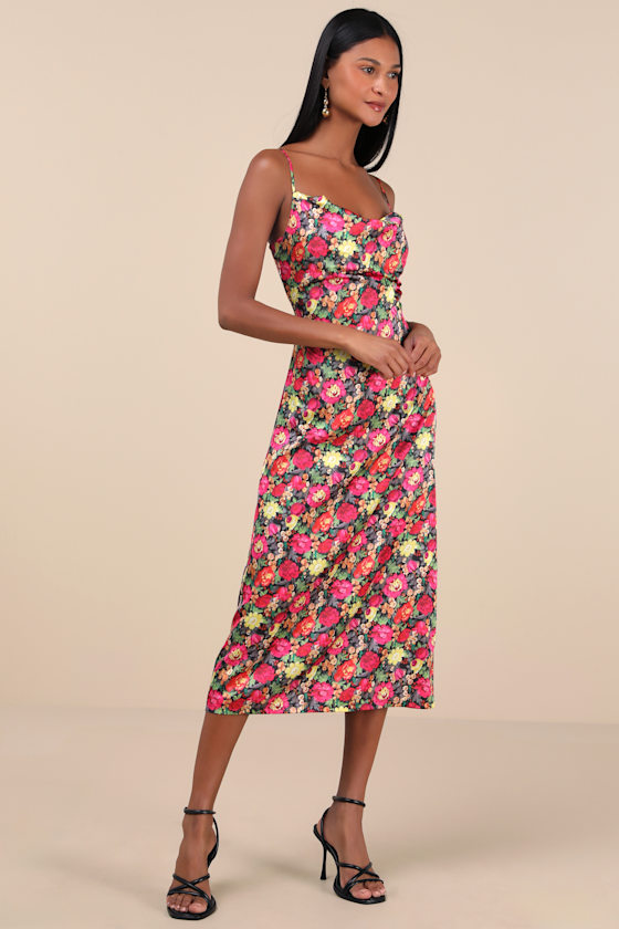 Lulus Favorite Icon Black Multi Floral Satin Cowl Neck Slip Midi Dress In Black
