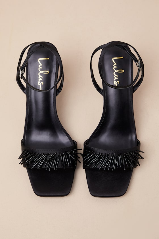 Lulus Addia Black Satin Beaded Fringe High Heel Sandals In Black