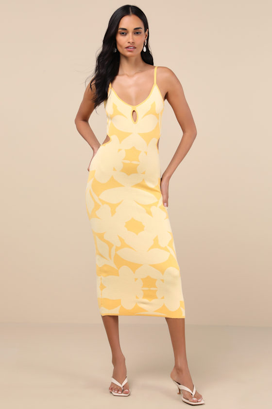 Image of Perfectly Charming Yellow Abstract Cutout Midi Sweater Dress
