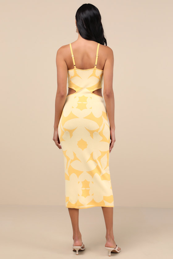 LULUS PERFECTLY CHARMING YELLOW ABSTRACT CUTOUT MIDI SWEATER DRESS