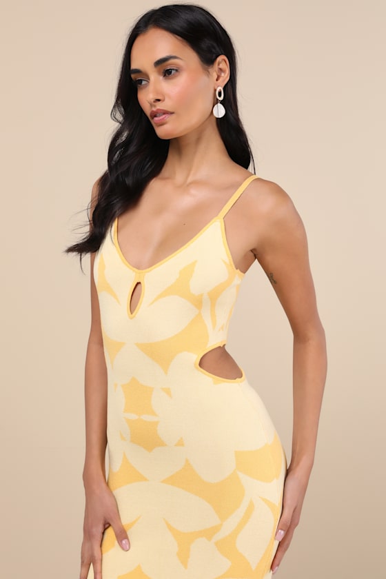 LULUS PERFECTLY CHARMING YELLOW ABSTRACT CUTOUT MIDI SWEATER DRESS