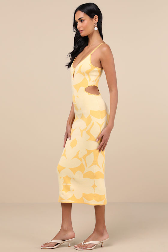 LULUS PERFECTLY CHARMING YELLOW ABSTRACT CUTOUT MIDI SWEATER DRESS