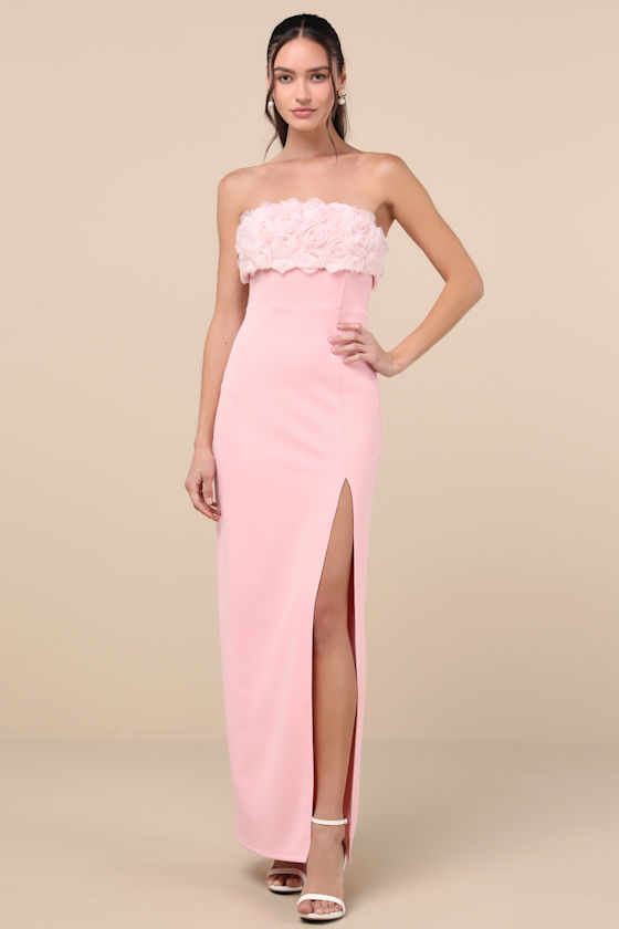 Fiore Light Pink 3D Rosette Strapless Maxi Dress 1