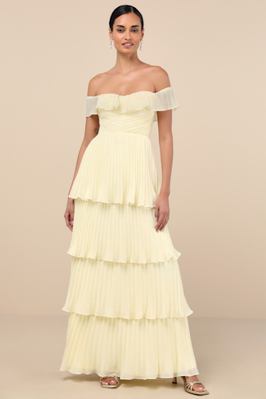 Always Remarkable Pale Yellow Off-the-Shoulder Maxi Dress
