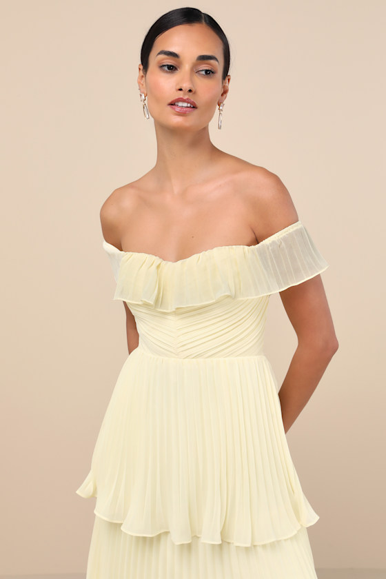 Lulus Always Remarkable Pale Yellow Off-the-shoulder Maxi Dress In Yellow