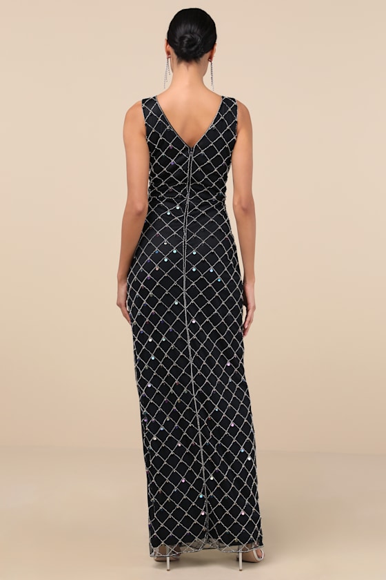 Lulus Gallio Black Beaded Sequin Sleeveless Column Maxi Dress In Black
