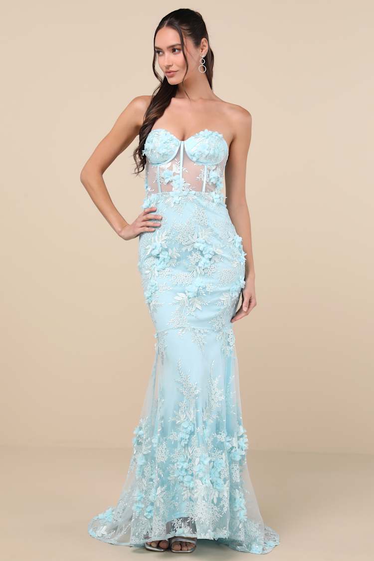 Blue Embroidered Dress - Floral Bustier Dress - Mesh Maxi Dress - Lulus Blue Embroidered Dress - Floral Bustier Dress - Mesh Maxi Dress - Lulus