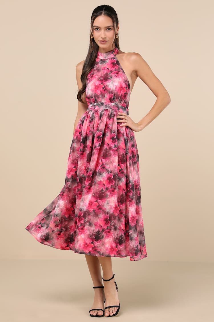 Fuchsia Floral Print Dress - Halter Midi Dress - Swiss Dot Dress - Lulus