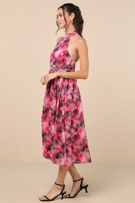 Lulus Charming Vision Fuchsia Floral Swiss Dot Lurex Halter Midi Dress In Fuchsia