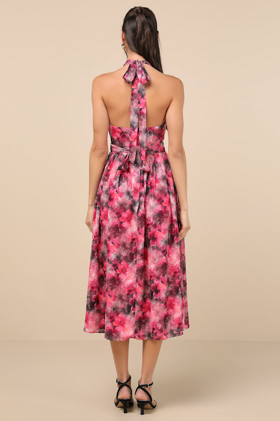 Lulus Charming Vision Fuchsia Floral Swiss Dot Lurex Halter Midi Dress In Fuchsia